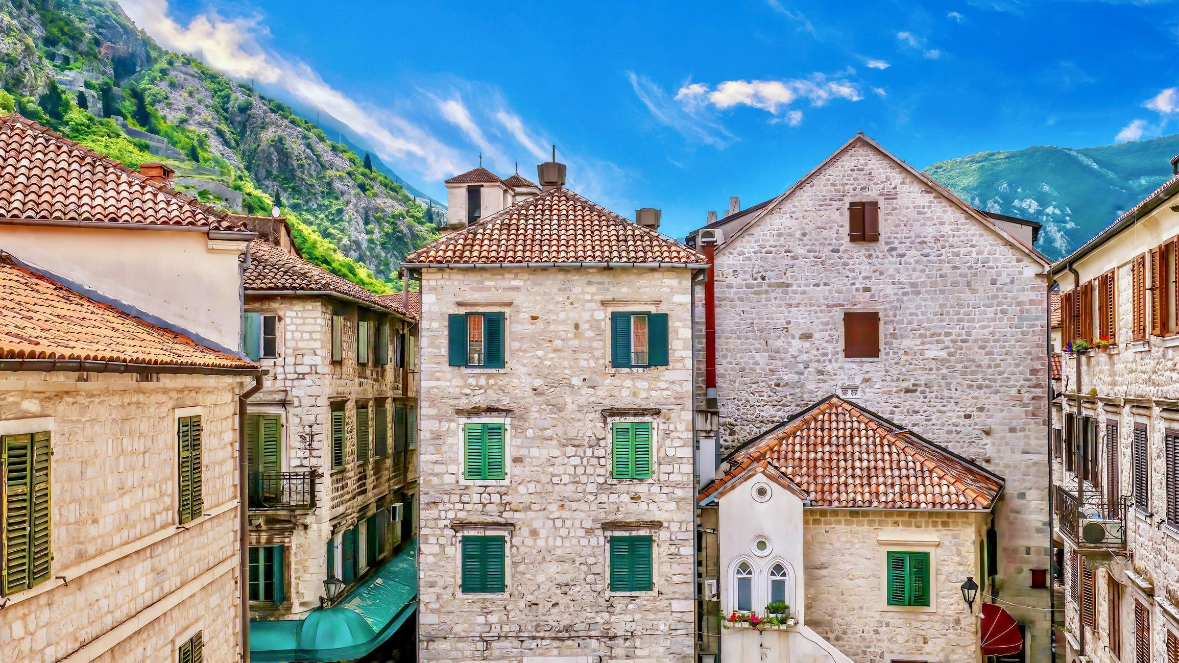 Traditional hillside architecture in a mountainous setting